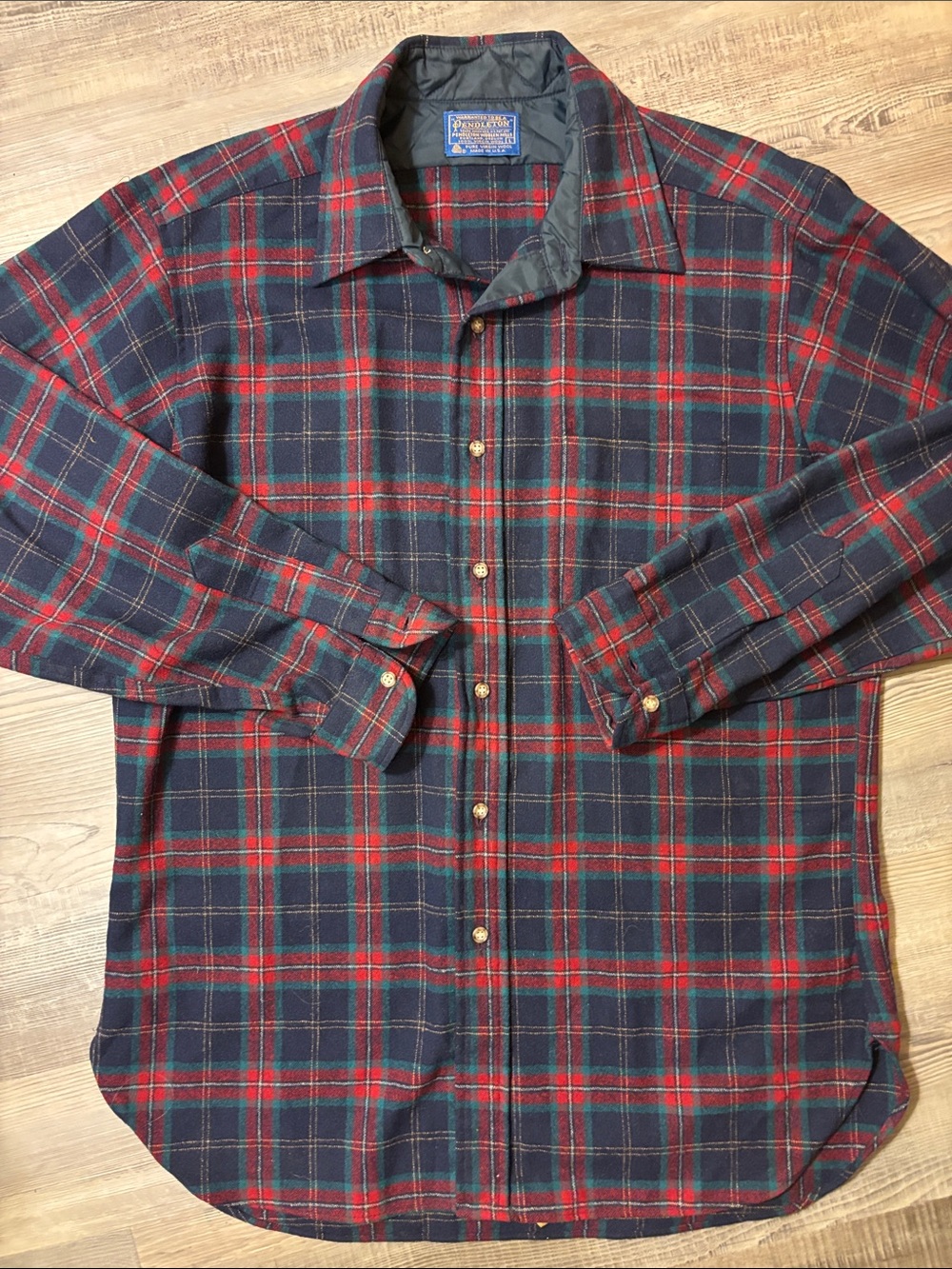 Vintage Pendleton plaid wool shirt, blue/red/pine green, made in USA, size L